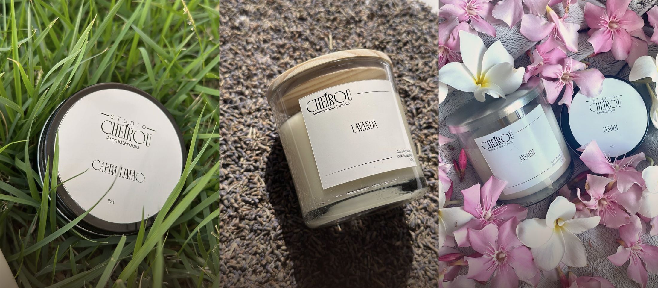 Três velas Cheirou — Capim Limão, Lavanda e Jasmim — fotografadas na grama, sobre lavanda seca e entre flores